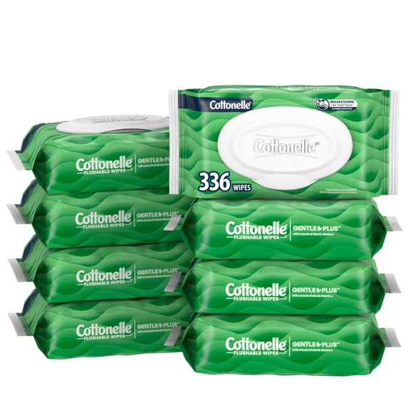 Cottonelle GentlePlus Flushable Wet Wipes with Aloe & Vitamin E, Adult Wet Wipes, 8 Flip-Top Packs, 42 Wipes per Pack (336 Total Flushable Wipes)