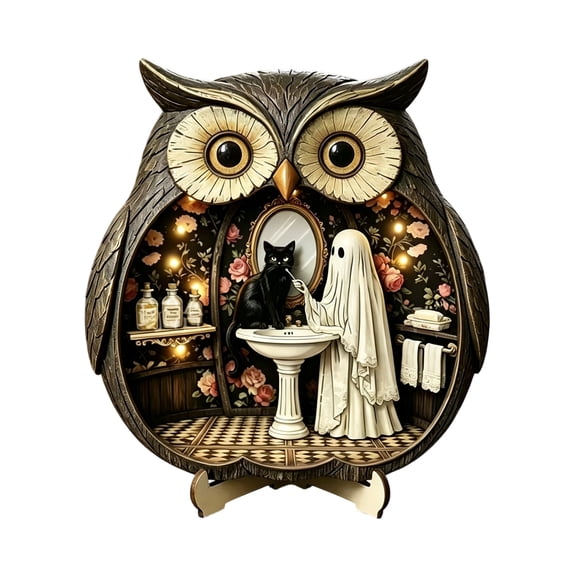 Decorr 5.9" Vintage Owl Halloween Tabletop Decor, Wooden Mini Haunted Diorama Figurine with Skeleton Ghost Pumpkin Bat, Halloween Decorations for Mantel Tiered Tray & Party Centerpiece
