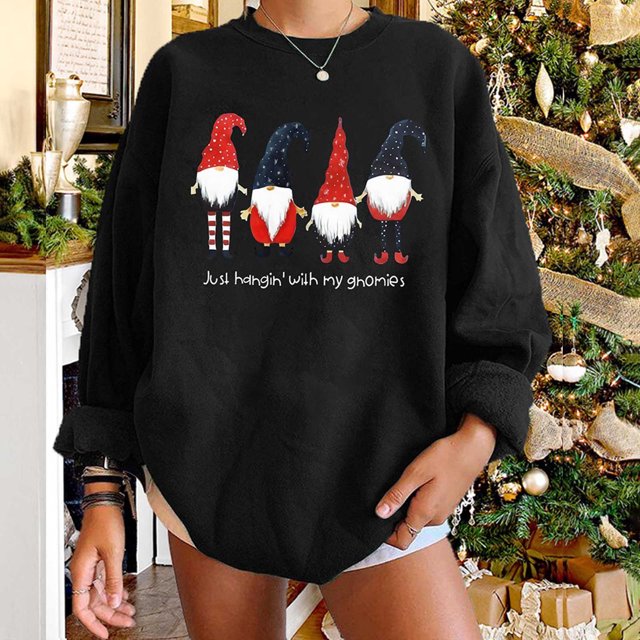 Mode Femme T-Shirt à Manches Longues Col Rond Automne Imprimé Noël Blouse Ample Chandail en Molleton