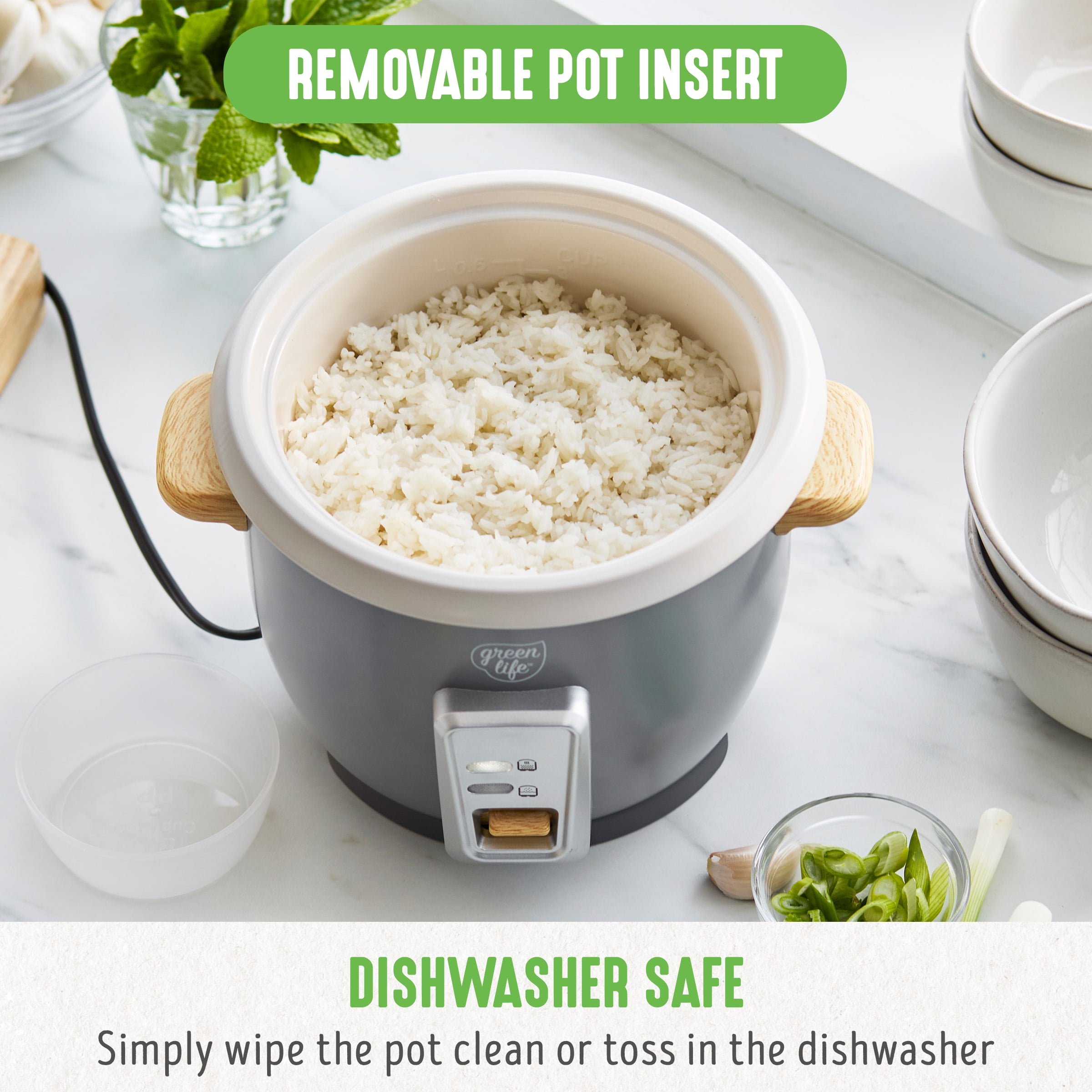 GreenLife 3 Cup Non Stick Electric Rice Cooker, Quartz Grey