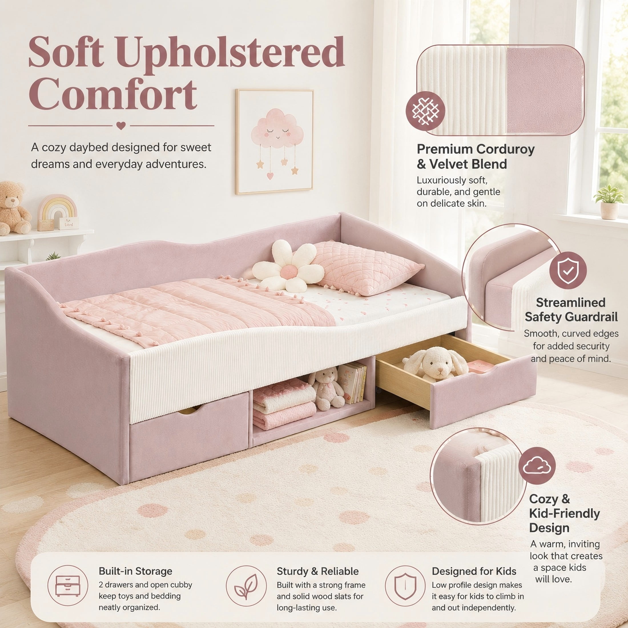Aukfa Twin Size Upholstered Daybed with 2 Storage Drawers, Shelf and Curved Guardrails, Velvet Bed Frame, Pink