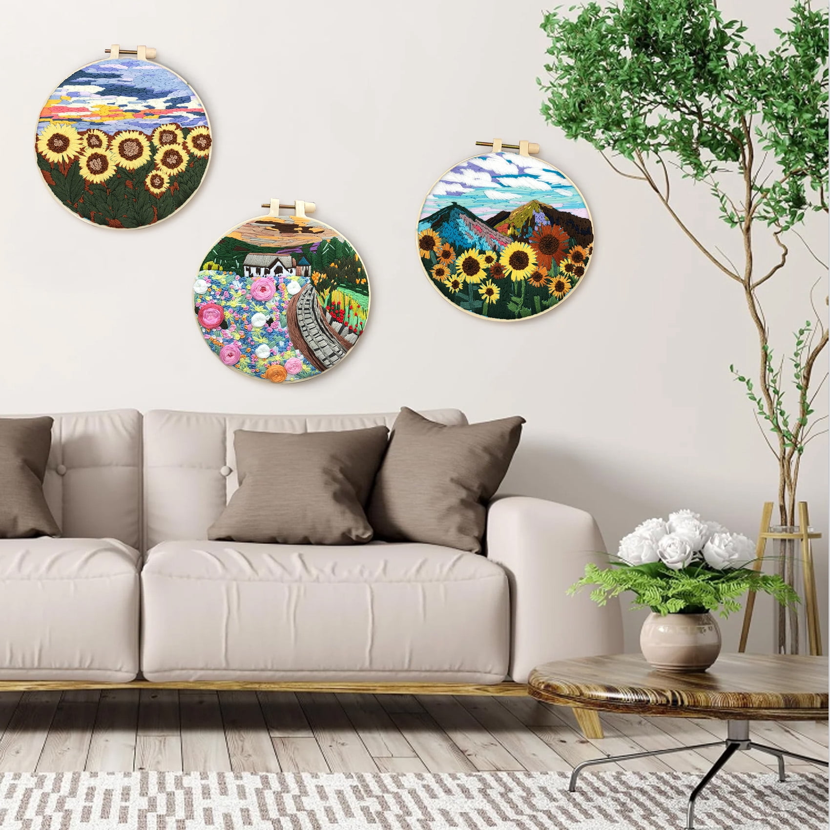 HVEST 3 Pack Embroidery Kit for Beginners - Sunflower Floral & Nature Scene with Embroidery Pattern, Hoop, Complete Cross Stitch Supplies (Needle/Threads/Scissors) DIY Craft for Adults Sewing Hobby