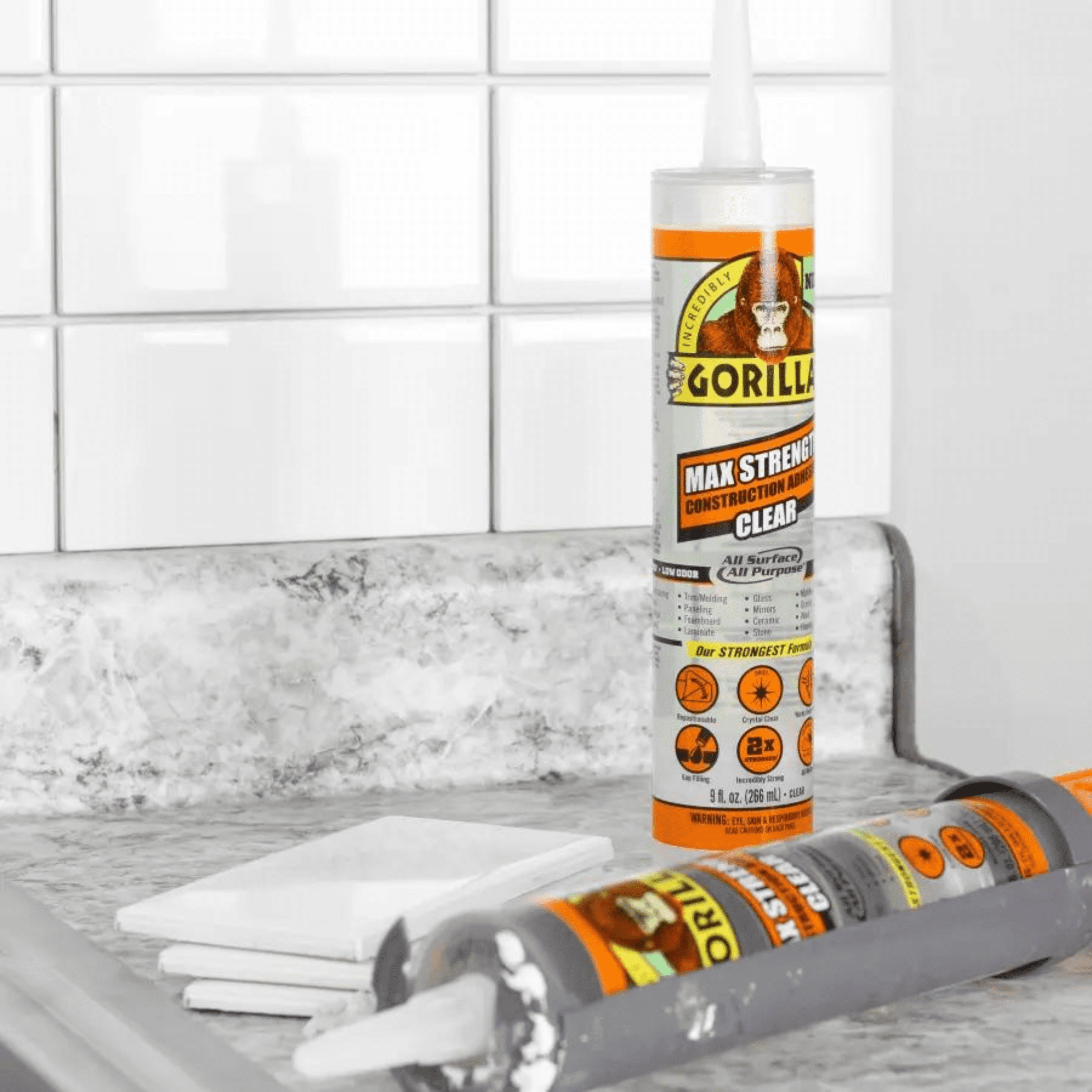 (4 pack) Gorilla Glue Clear Max Strength Construction Adhesive, 9 Ounce Size Cartridge, 1 Count. Model 8212302