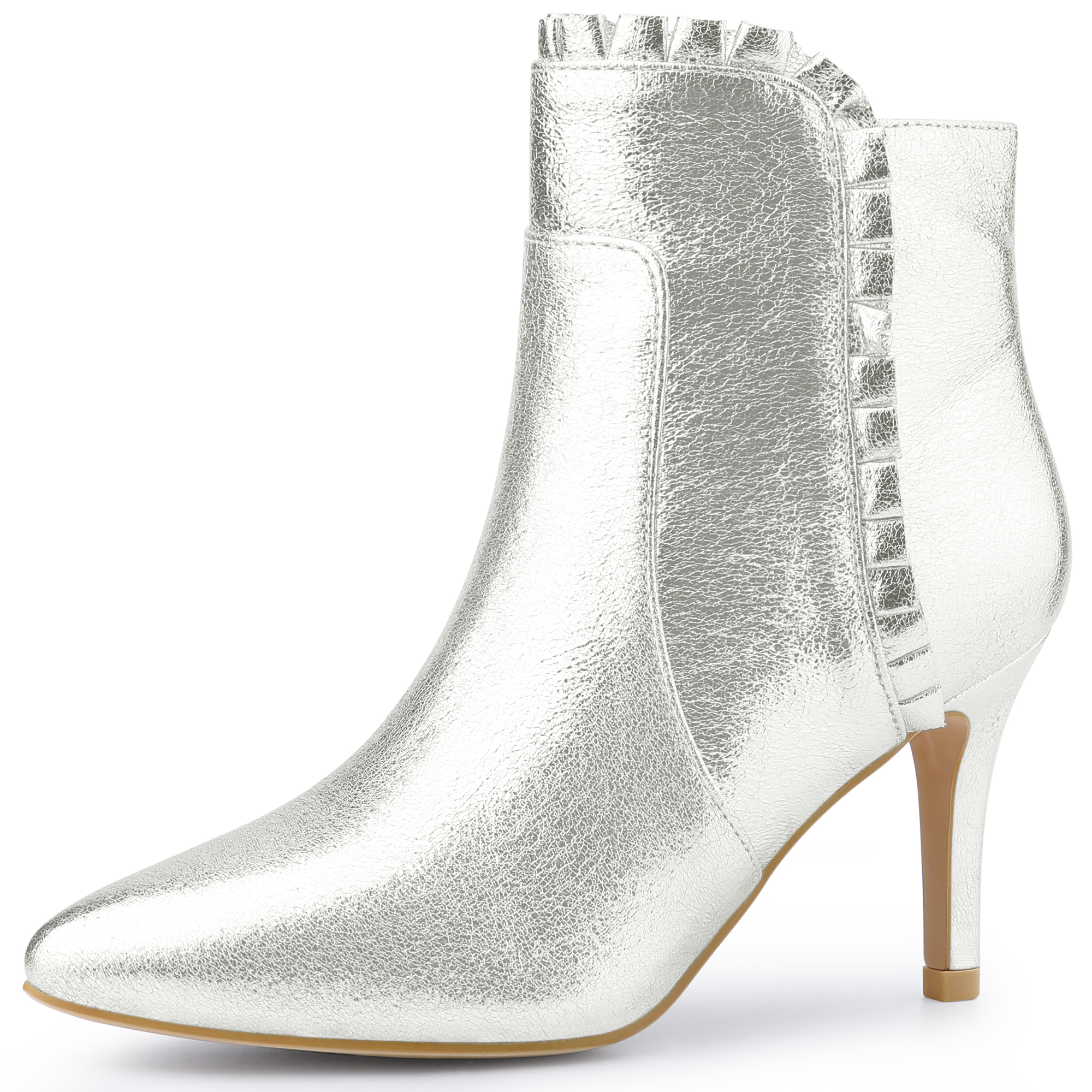 DARING DIVA Women's Ruffled Ankle Boot Stiletto Heel Shiny Booties Silver US 7