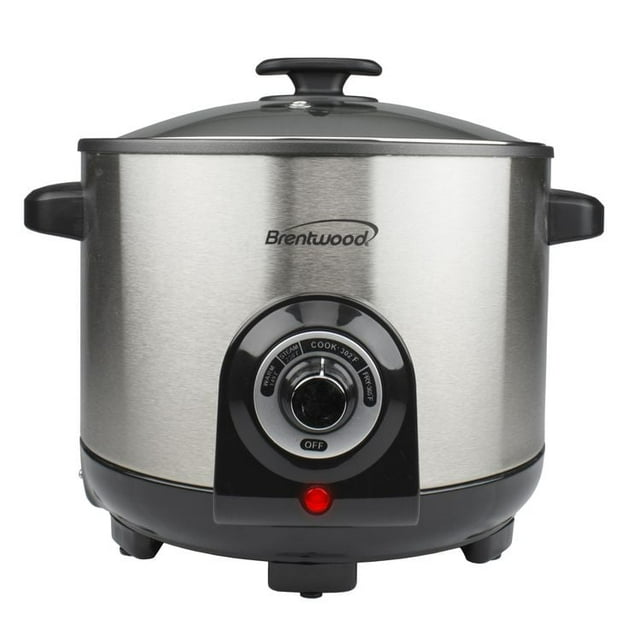 Brentwood 5.2 quart electric deep fryer and multi cooker in stainless steel with adjustable temperature control knob.