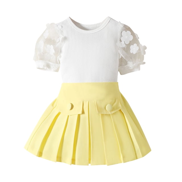 PEASKJP Baby Girls Skirt Sets Ruffled Ribbed Cap Sleeve T Shirt and Tie Front Skirt Set,Yellow 100