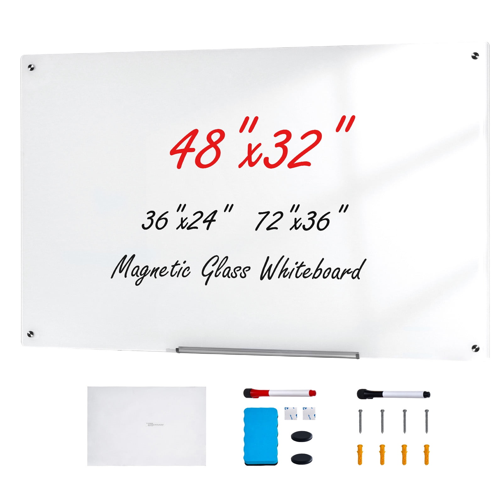 KFFKFF Glass Whiteboard with Magnetic Properties, 48"x32" Dry Erase Board, Frameless Large White Glassboard for Wall Mounting, Comes with a Tray for Markers, a Whiteboard Eraser and a Pair of Markers