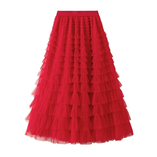 Miqool Womens A-Line Skirt Mesh Layered Hem Multilayer Tiered Puffy Ruffles Tulle Midi Skirt