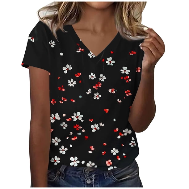 Camisetas Casuales de las Mujeres Moda Cómoda Impresa de Manga Corta con Cuello en V Top para el Uso Diario Casual