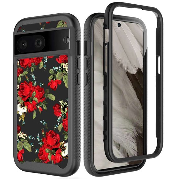 BD Dual Hybrid Phone Case for Google Pixel 7a (with LED Keychain Flashlight) - Rose Noir Flowers