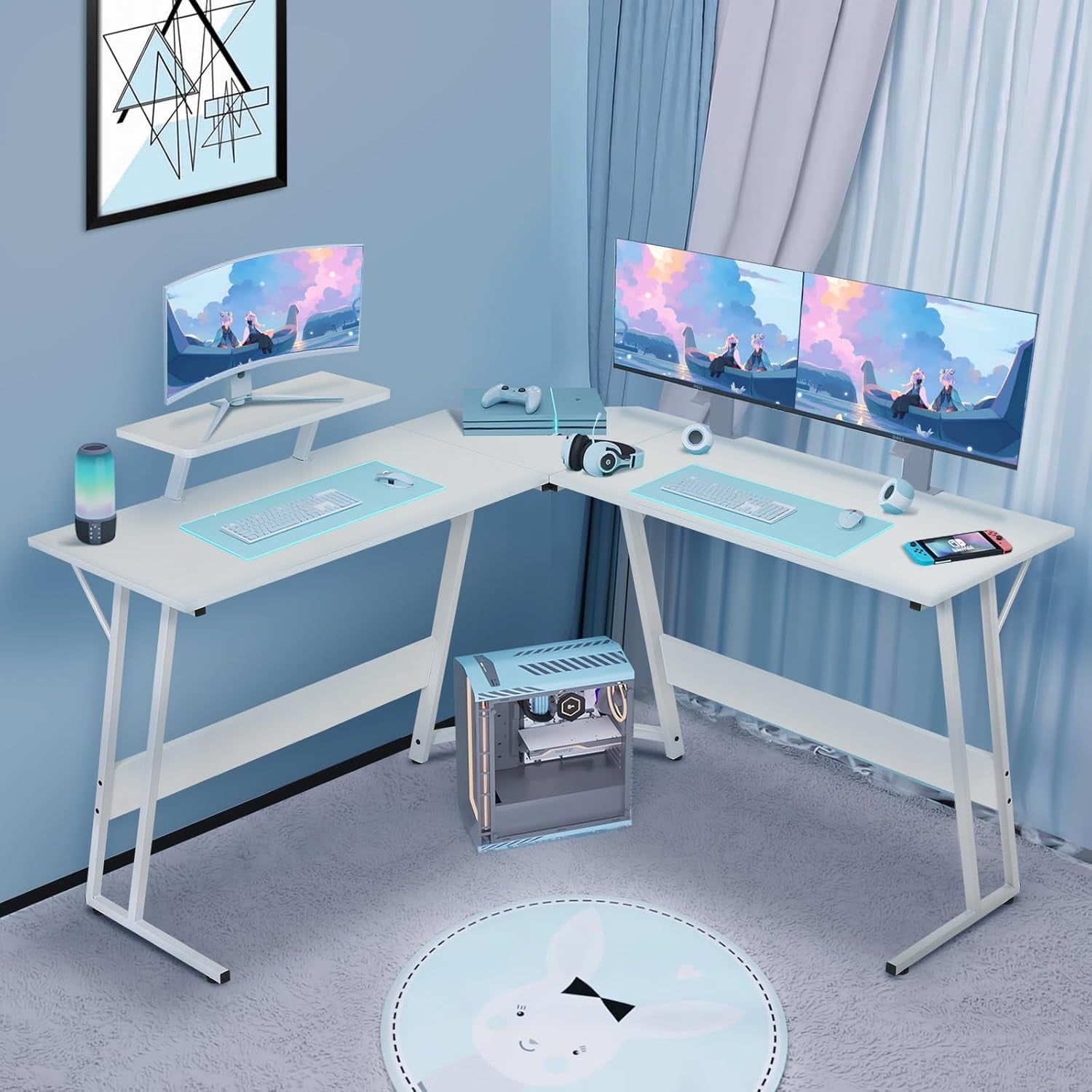 CL.HPAHKL L Shaped Gaming Desk, Corner Computer Desk Table with Monitor Stand for Home Office Study Writing, White