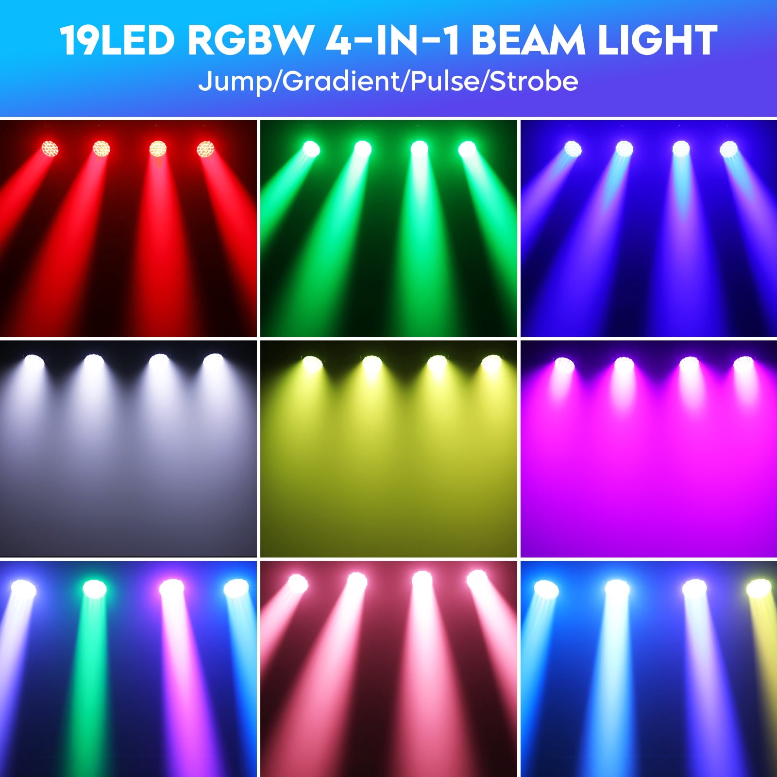 Moving Head Light LED 19x10W RGBW 4in1 Beam/Wash/Zoom Effect Stage Lights DMX512 Sound Activated DJ Lights for Party Wedding Disco