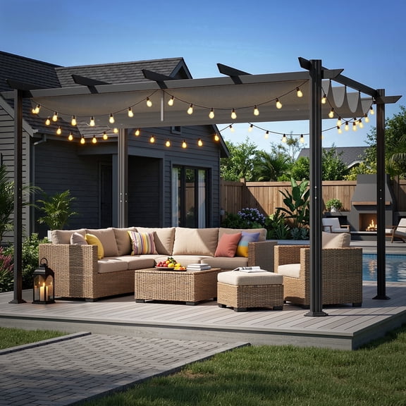 Noelse 12X8 FT Outdoor Pergola with Retractable Canopy, Aluminum Patio Shade Shelter for Backyard, Deck and Poolside, Gray