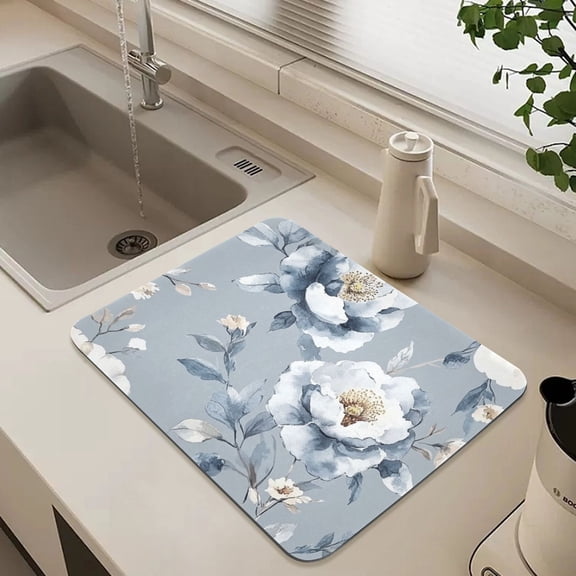 Beautiful Blue Rose Dish Drying Mat for Kitchen Counter Absorbent Drainer Mats (15.7X11.8Inch)