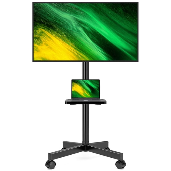 Hemudu Mobile TV Stand for 23-60 Inch LCD LED Flat/Curved Screen TVs, TV Cart Holds up to 77Lbs, Rolling TV Stand with Tilt, Height Adjustable, Pole TV Floor Stand with Shelf Max VESA 400x400mm