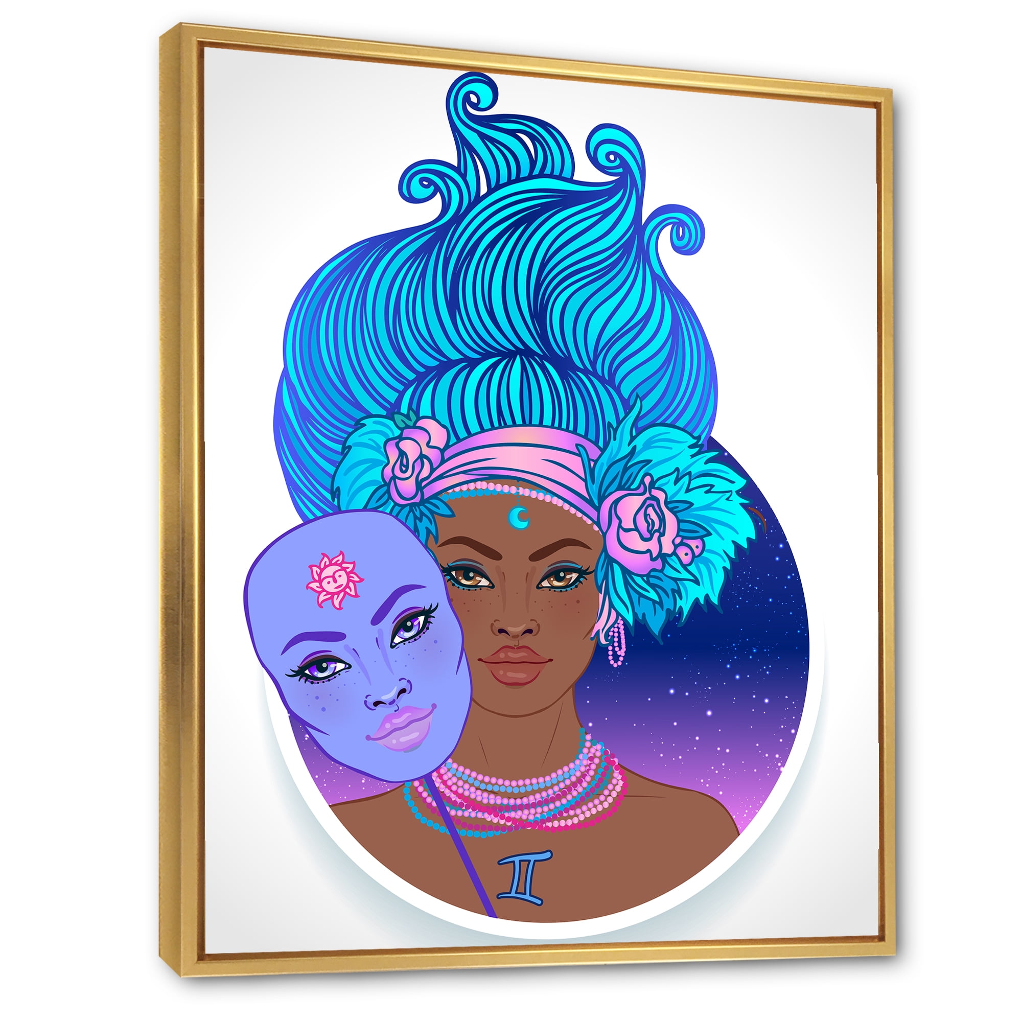 Designart 'Portrait of Afro American Girl With Blue Hair II' Modern Framed Canvas Wall Art Print
