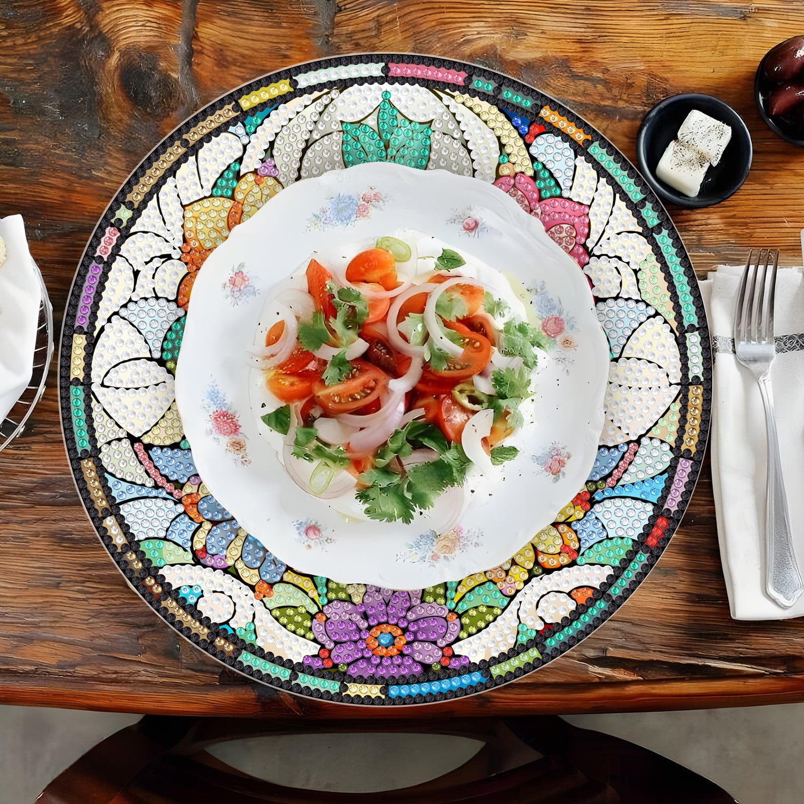 FLOPESN 4 Pcs Diamond Art Painting Coasters,Acrylic Single-Sided Dotted Diamond Dinner Plate Set for Restaurant Decoration-Flowers