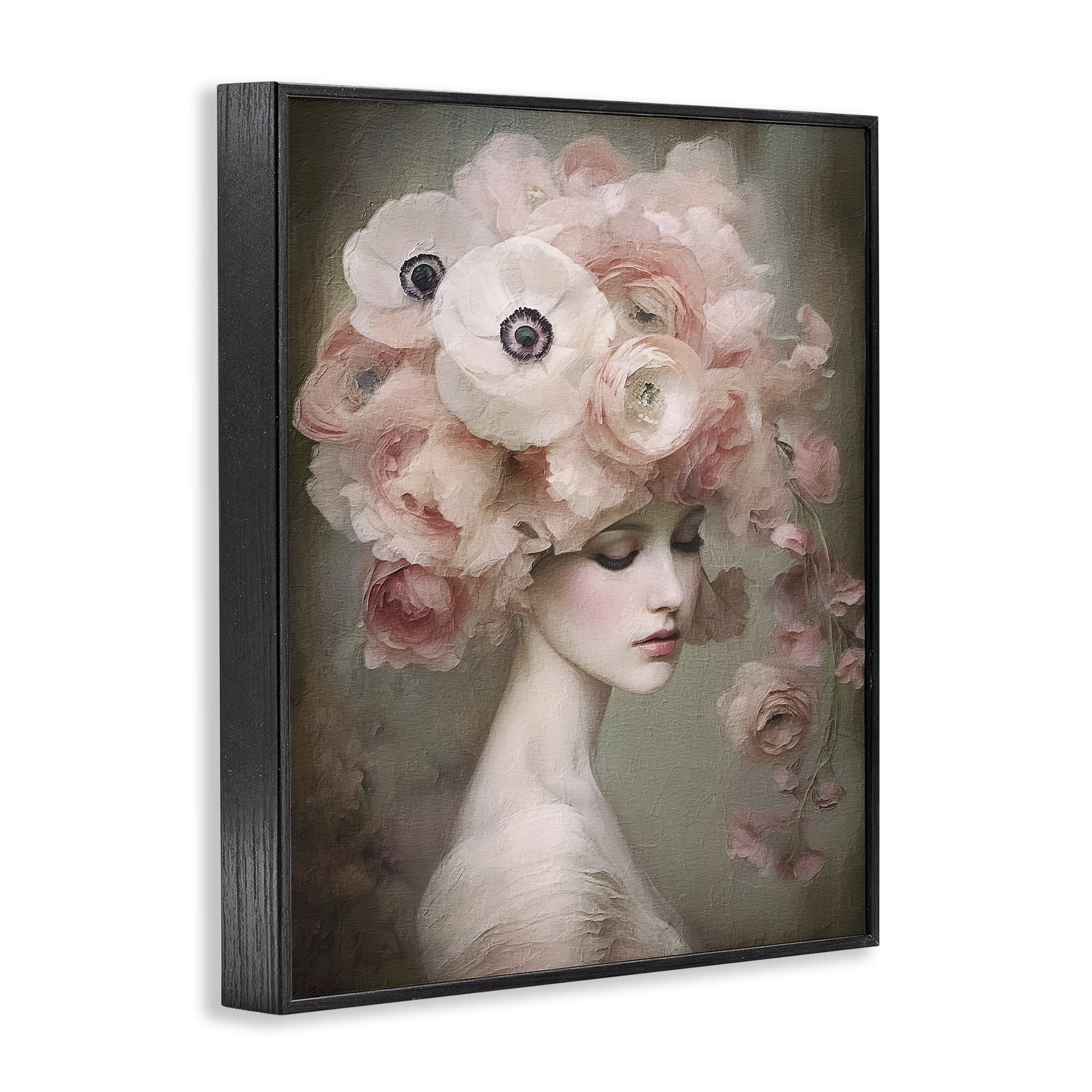 Stupell Industries Woman & Blush Florals Novelty Painting Black Framed Art Print Wall Art, 24 x 30