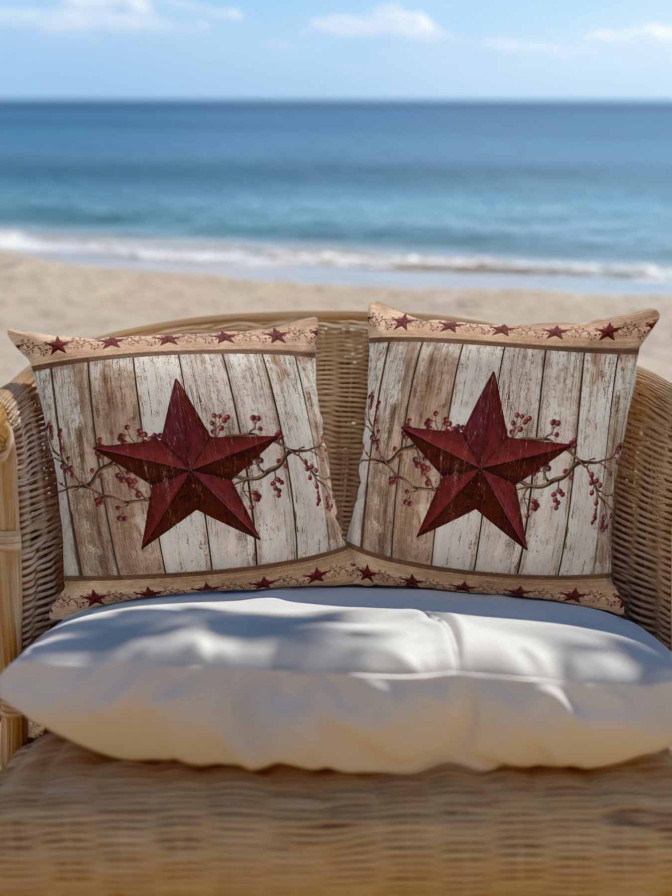 Outdoor Pillows Waterproof, Red Texas Star Vintage Bedding Throw Pillows with Insert for Couch Sofa Bed, Farmhouse Berry Brown Wooden 16x16 Inch Pillowcases Decorative Camping Patio Pillow Set of 1