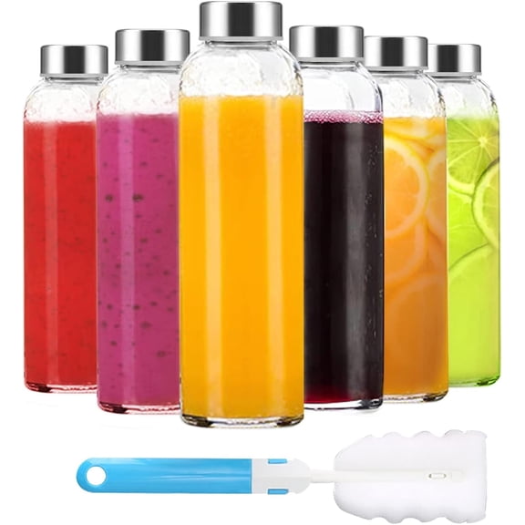 FacoFaco 18 oz Clear Glass Water Bottles with Stainless Steel Lids, Set of 6