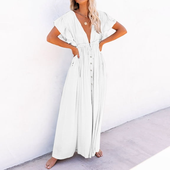 Njoeus Women's Summer V-Neck Beach Cover Up Kimonos Cardigan Button Drawstring Bathing Suit Coverup Long Maxi Dresses Sun Protection Swimsuit Cover Ups Shirt Dress