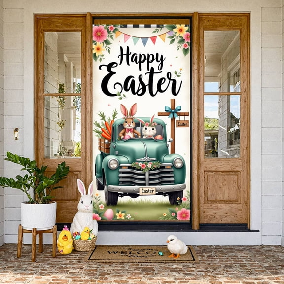 Bunny Theme Happy Easter Banner Vintage Truck Design Bunny Backdrop Floral Decor Easter Egg Pattern Easter Event Background for Easter Party Spring Celebration Photo Shoot