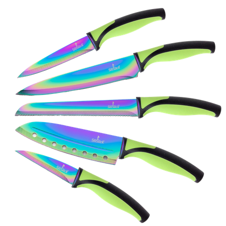 

SiliSlick Titanium Coated Colorful Kitchen Knife Set - Sharp Stainless Steel Rainbow Knives Set with Kitchen Utility Knife Santoku Bread Chef & Paring Knives with Covers - Iridescent Accessories
