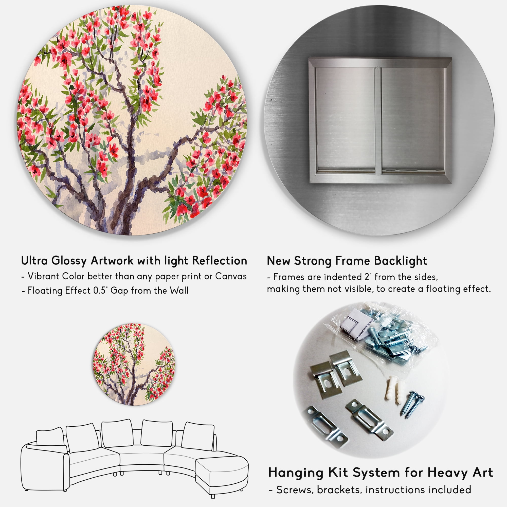 Designart 'The Blossoming Tree With Red Flowers I' Traditional Circle Metal Wall Art 23x23 - Disc of 23