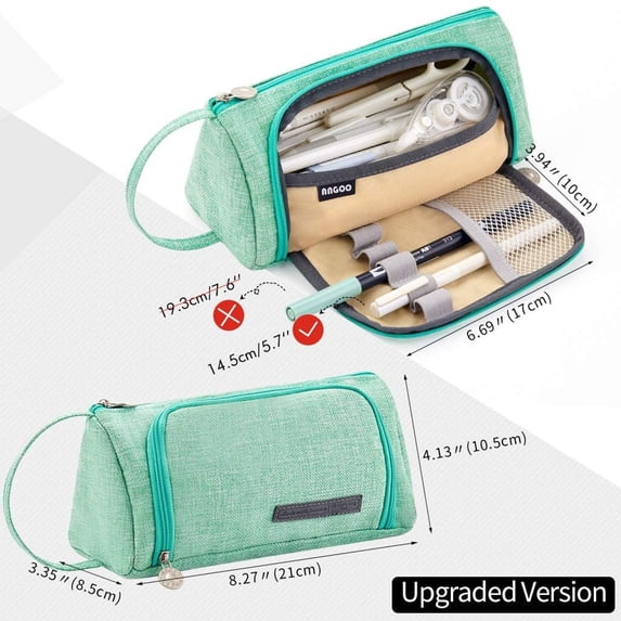 Canvas Pencil Pouch with Handle, Extra Large Capacity Storage Organizer Pen Pencil Makeup Zipper Bag Fabric Cute Simple for Stationery, School Supplies, Cosmetics by GMYLE (Triangle Green)