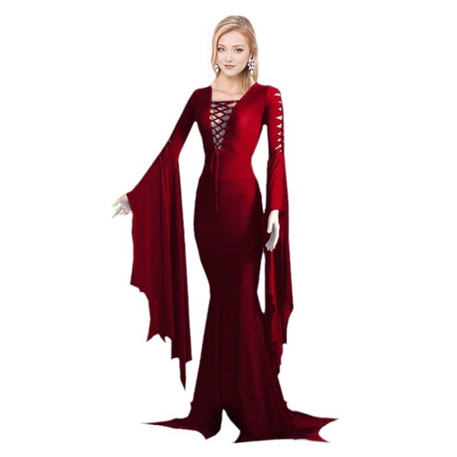 Sarkoyar Robe d'Halloween pour Femme à Lacets, Coupe Ajustée, Ourlet à Volants Irrégulier, Manches Évasées, Découpes, Col Rond, Couleur Unie, Vampires, Cosplay, Performance, Robe Maxi