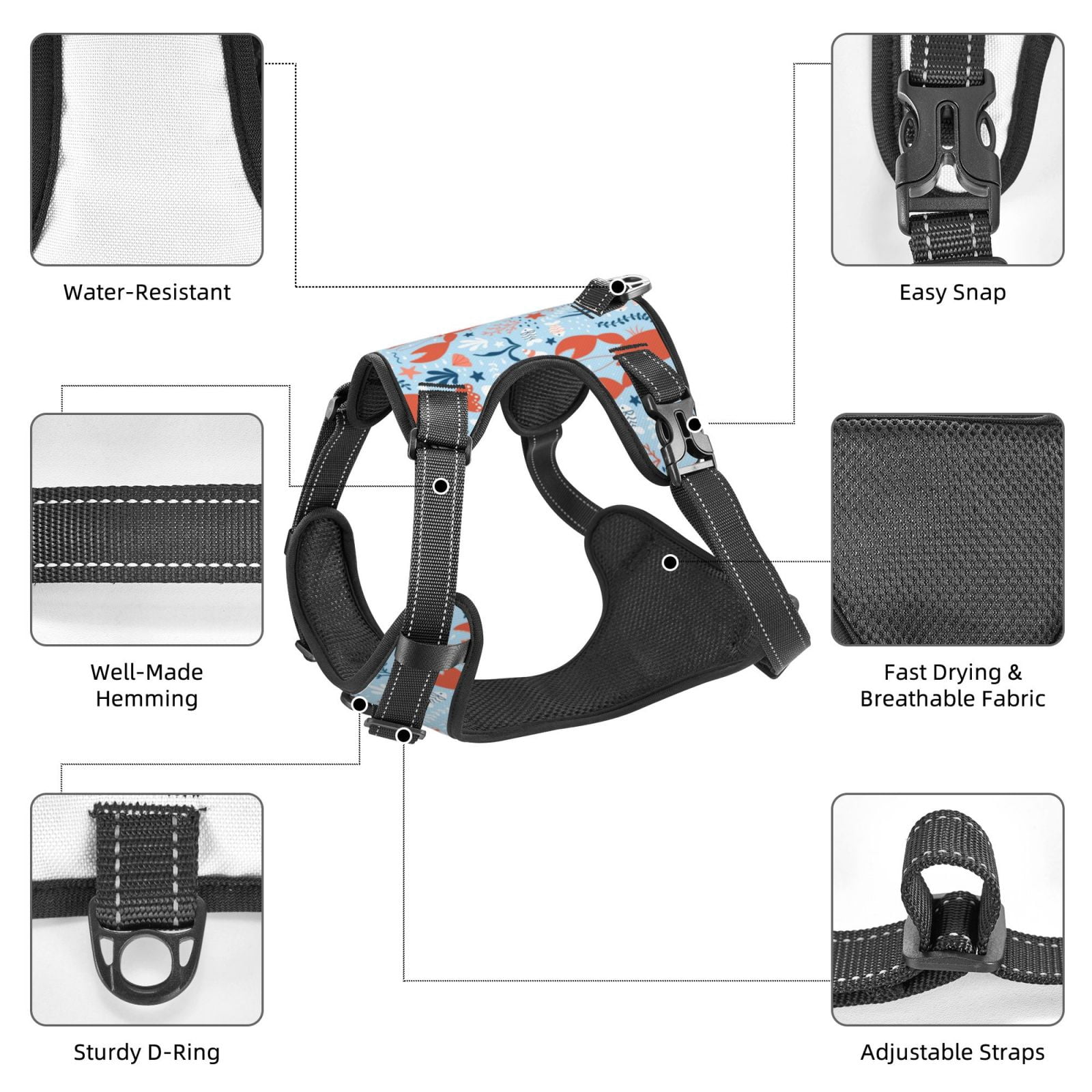 Fuzoiu Lobsters Print Reflective Dog Harness,Adjustable, Breathable Pet Vest,Dog Harness No Pull,No Choke Pet Vest for Small, Medium, and Large Dogs-Large