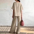 thumbnail image 5 of Women's 2 Piece Cotton Linen Set, V-Neck Short Sleeve Button Top & Drawstring Wide Leg Pants, Casual Summer Loungewear Outfit with Pockets, Loose Fit,Beige,L, 5 of 5