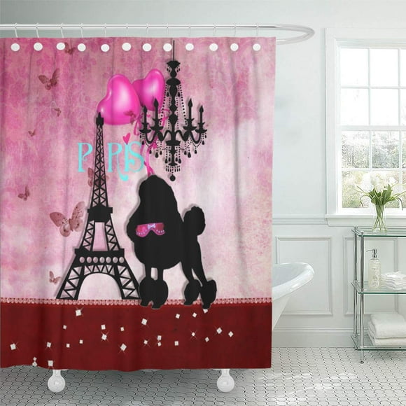 YUSDECOR Pink Dog French Paris Girly Poodle Eiffel Tower Damask Bathroom Decor Bath Shower Curtain 60x72 inch