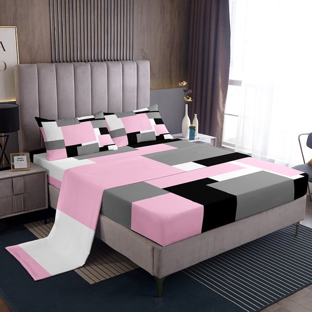 Erosebridal Geometric Bed Sheets Set Queen Size, Square Rectangle Bed Sheets Queen, Abstract Stripe Decor 4pcs