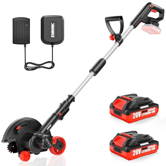 EWORK Cordless Lawn Edger, 20V Battery Powered, 9-inch Metal Blade, 4 Cutting Depth, Dual Wheels, 2 Batteries Included, Red
