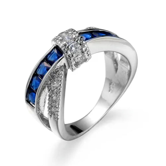Blue AAA White Cubic Zircon Cross Band Women's 925 Silver Wedding Ring Size 5-10