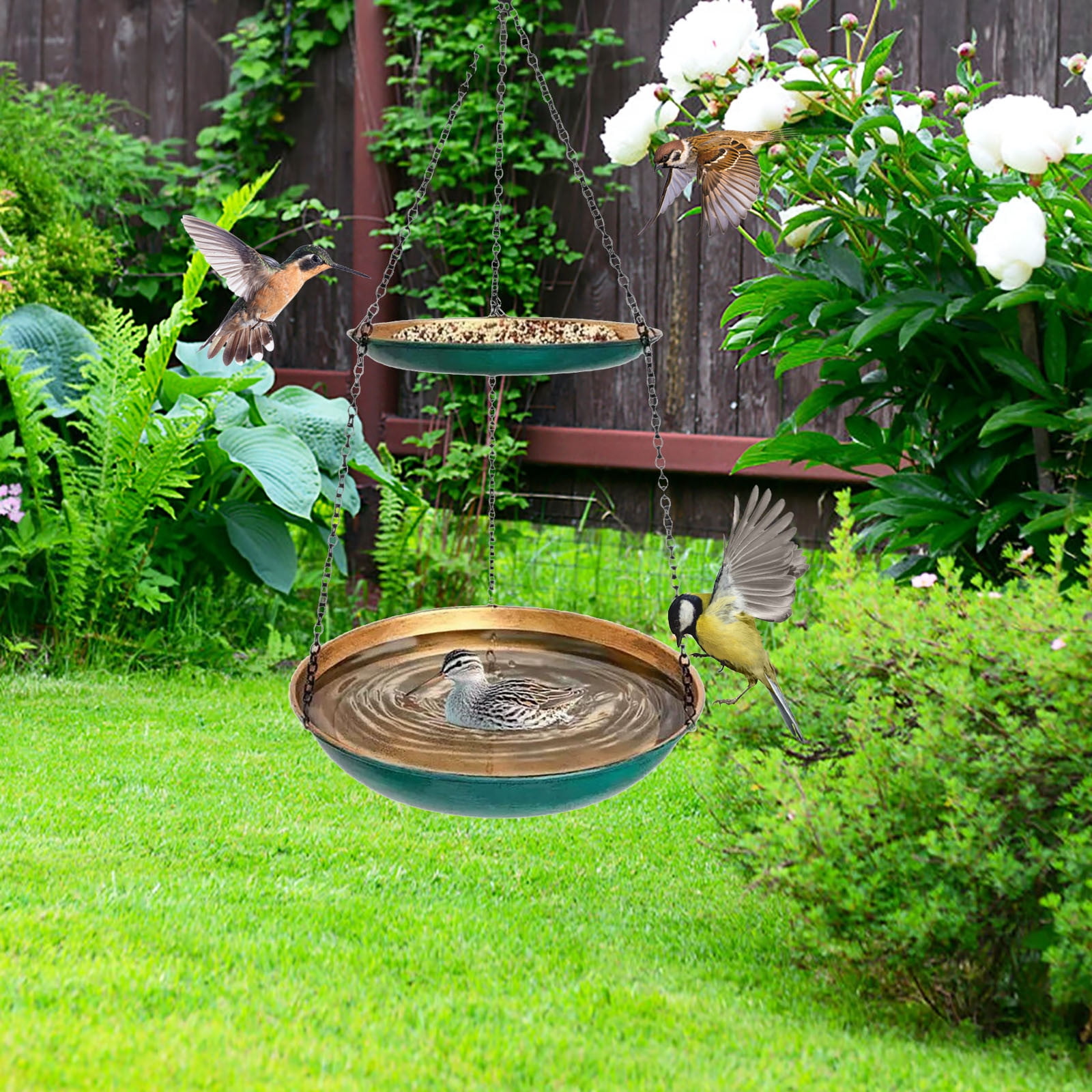 Hanging Bird Feeder and Bath 2-in-1 Rust-Proof Platform Tray with Drainage Holes Multi-Functional Outdoor Wild Bird Waterer Seed Feeder for Garden Patio Yard