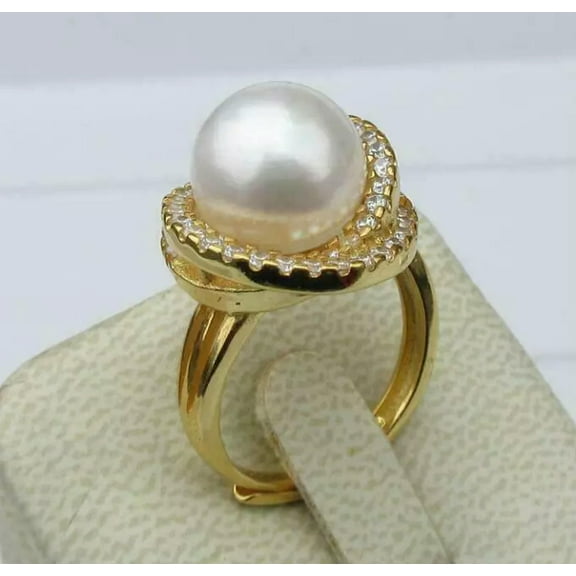 K-KED Exquisite Adjustable 11-12mm South Sea White Akoya Genuine Pearl Ring