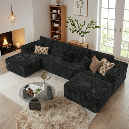 Vcatnet 135" Modular Sectional Sofa L Shaped Corduroy Couch Oversized Modern Minimalist Cloud Couch with Chaise for Living Room, Black