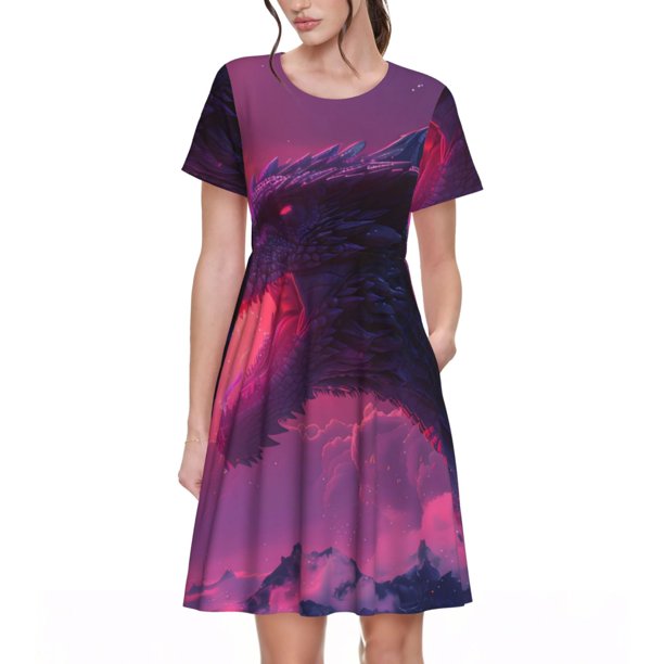 Disketp Mystical Dragon Under Moon para Vestido de Manga Corta para Mujeres, Vestidos de Verano para Mujeres, Casual y Holgado para la Playa