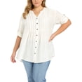 thumbnail image 1 of GRACE & GRANDEUR Camisas de mujer de talla grande con botones, blusa de cuello con pliegues texturizados, camiseta tunic casual elegante de manga 3/4, 1X blanca, 1 of 6