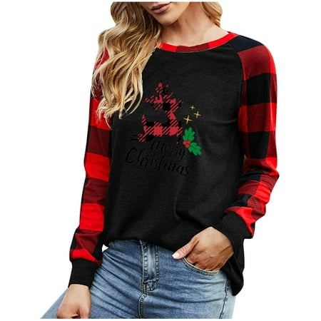 

jsaierl Womens Christmas Sweatshirts Long Sleeve Elk Patchwork Plaid Print Top Workout Crewneck Sweatshirt Vintage Pullover Christmas Gifts for Women
