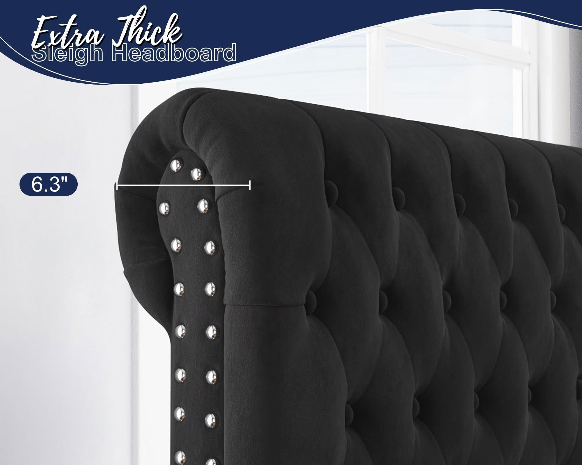 Merluxy Queen Platform Bed Frame with Velvet Upholstered,Button Tufted 52.8" Tall Sleigh Headboard,Black
