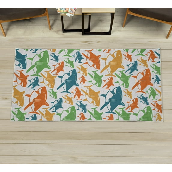 Shark Decorative Rug, Colorful Underwater Fish Pattern Masters Survival Predators Dangerous Nature, Quality Carpet for Bedroom Dorm and Living Room, 6 Sizes, Lime Green, by Ambesonne
