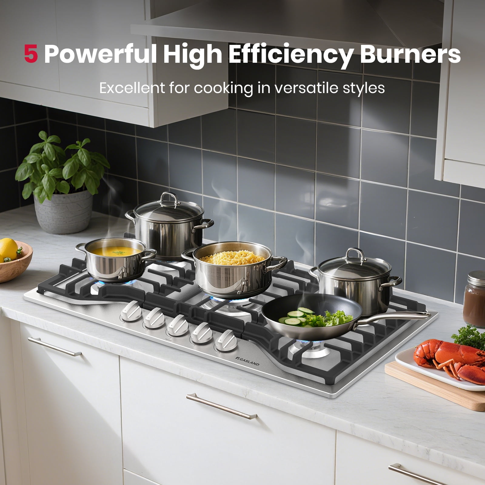 Gasland 36" 5 Burners Gas Stove Top, NG/LPG Convertible Built-in Gas Cooktop, Stainless Steel