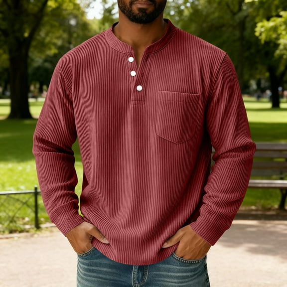 Men's Long Sleeve Waffle Henley Shirts Corduroy Casual Henley T-shirts for Men