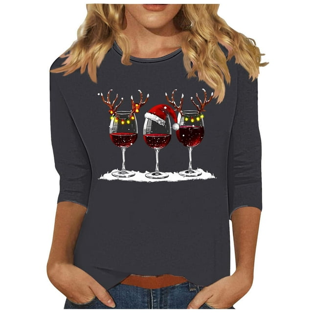 RKSTN Sweat-Shirt pour Femmes Mode Imprimé Décontracté Col Rond Pull Manches 3/4 Haut Chandail en Molleton de Noël