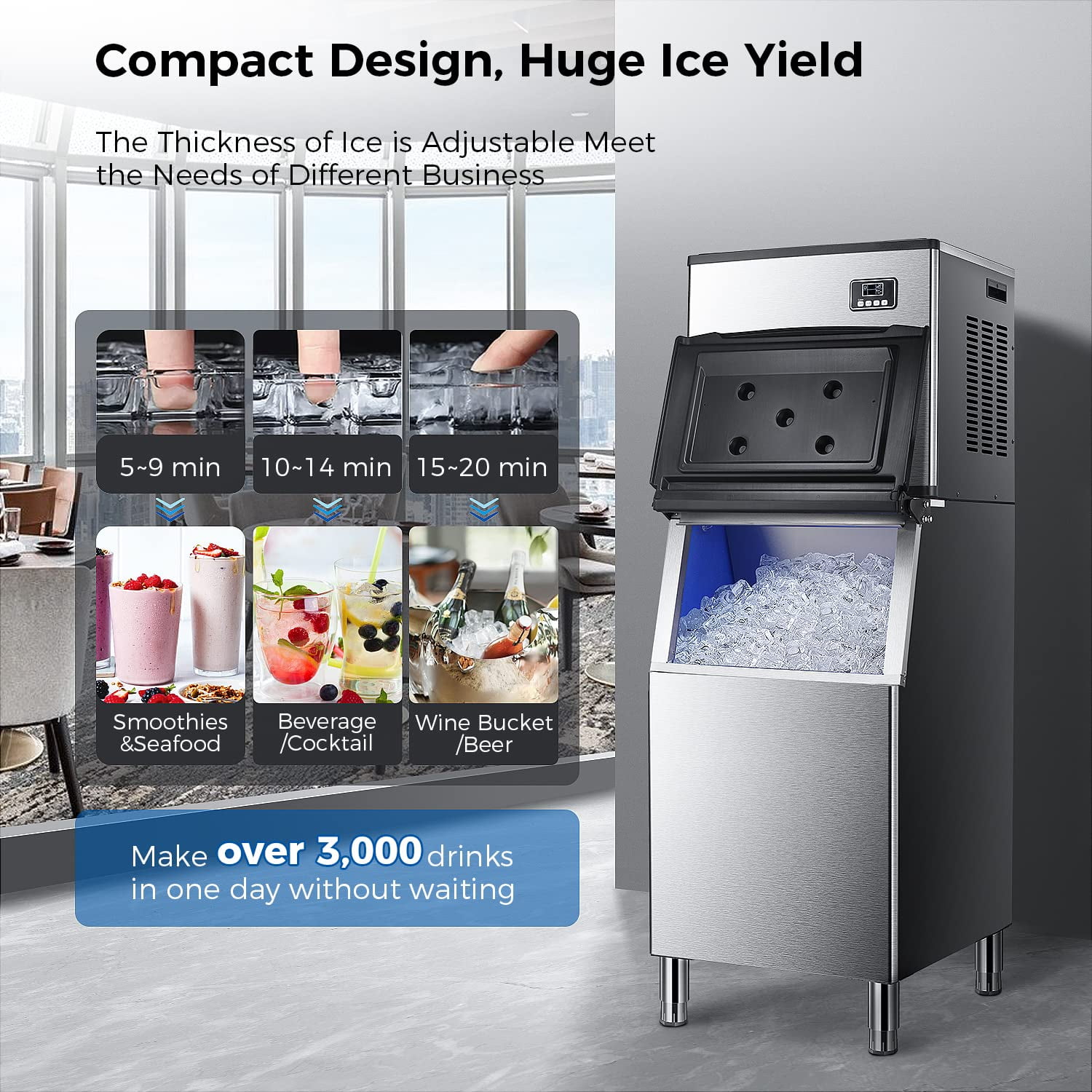 360LBS/24H 110-120V Commercial Ice Maker with Bin Storage, Industrial Modular Stainless Steel Ice Machine, 1 Year (Free)