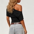 thumbnail image 4 of Favoffer Women Casual Tops Short Sleeve Off Shoulder Fitted Solid Slim Blouses Street Dating Daily Vacation, 4 of 6