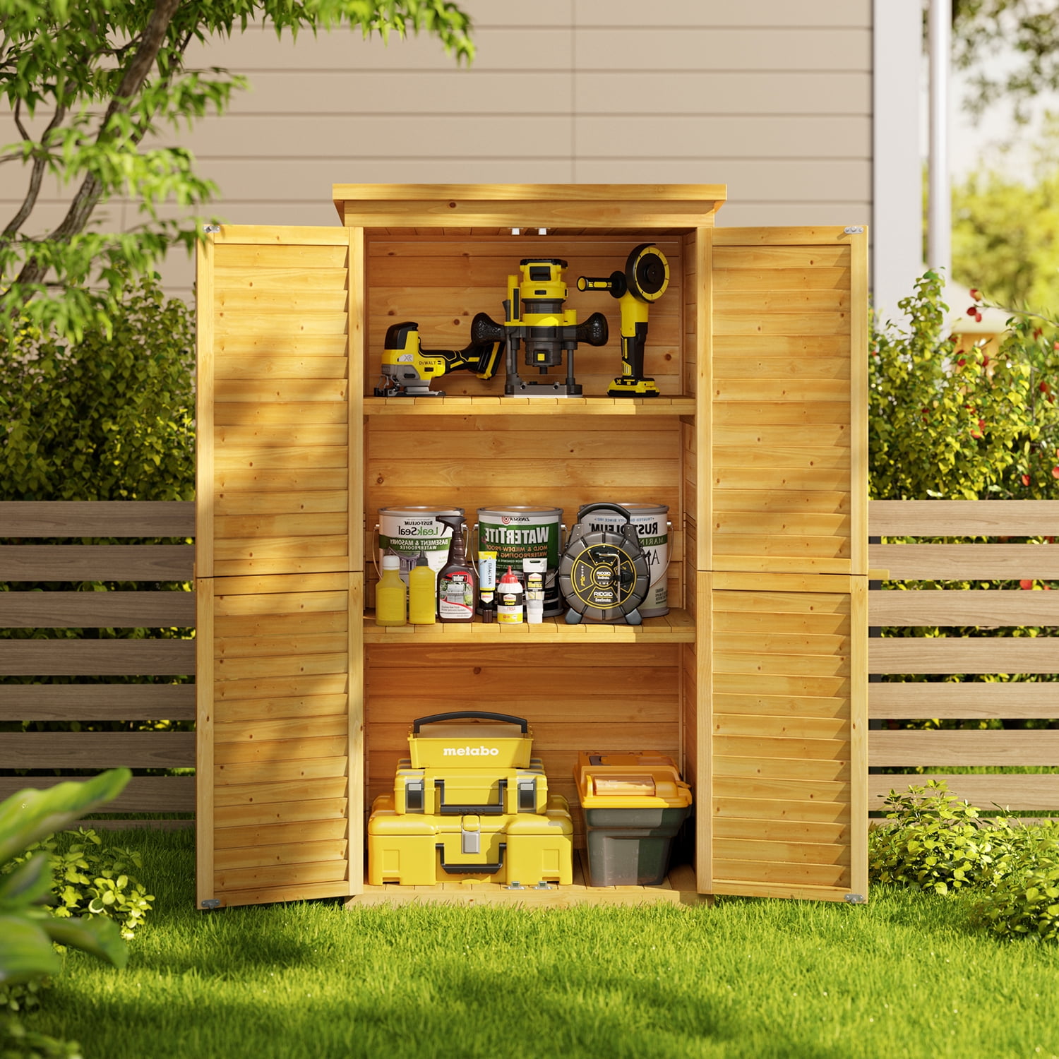 Asofer Wooden Outdoor Storage Shed, Waterproof Sloping Roof, Adjustable Shelves & Lockable Door, Natural